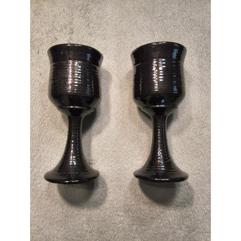 Vintage Black Ceramic Chalice Goblet Set of 2 Glossy Pottery Gothic Ritual Decor